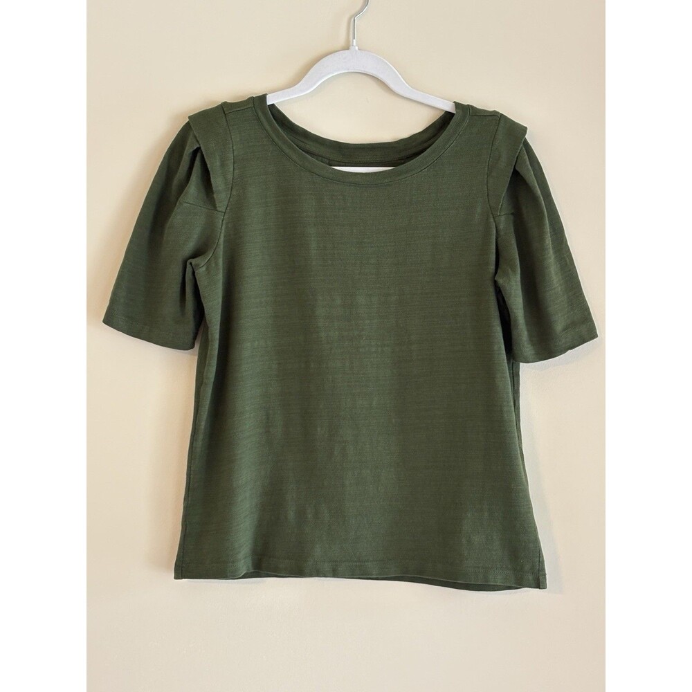 AnnT Women’s Small Olive Green Puff Sleeve Knit Top Short Sleeve Crew Neck Shirt